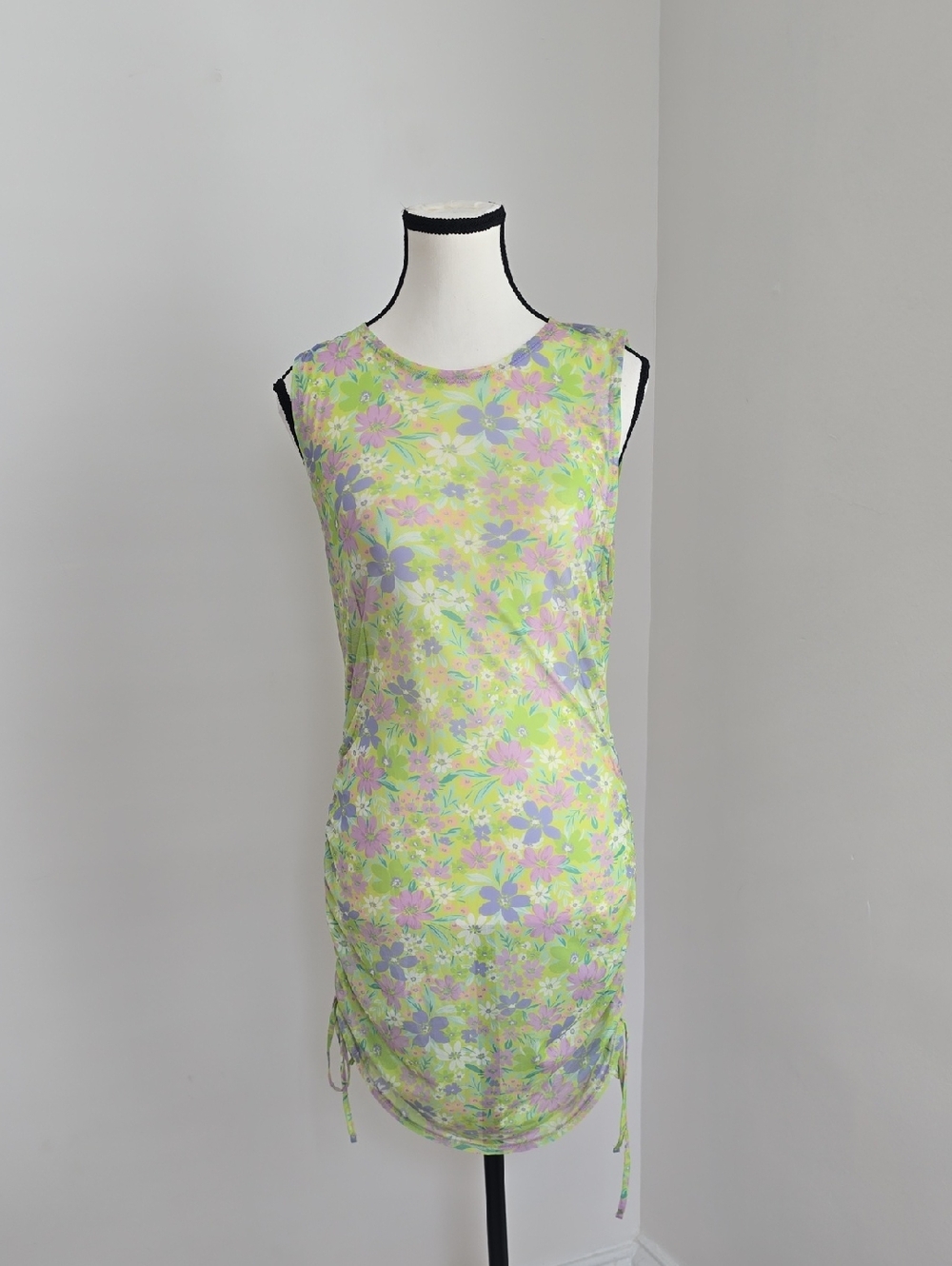 Wild Fable Green Floral Drawstring Sheer Mini Dress/Cover Up Size Large